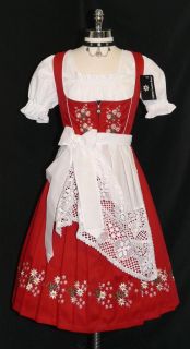 Dirndl New 3 PC Long Red German Embroidered Waitress Oktoberfest Dress