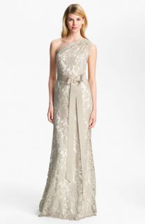 Tadashi Shoji One Shoulder Lace Overlay Tulle Gown