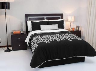 New Black Gray Embroidered Comforter Bedding Set Queen