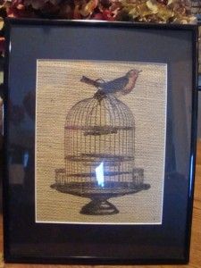 Burlap Print Matted and Framed Bird Cage with Color Bird