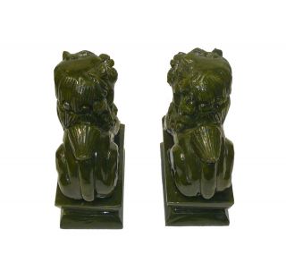 Chinese Hand Carved Green Color Natural Jade Stone Foo Dog Statue Pair