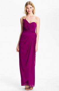 Xscape Beaded One Shoulder Sheer Mesh Gown