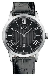 BOSS Black Round Case Leather Strap Watch