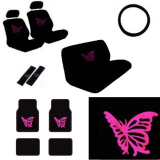 15pc Full Set SUV Seat Covers Girly Pink Butterfly Floor Mat Wheel