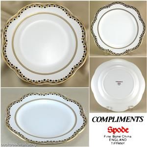Tiffany Spode Compliments Luncheon Plate White Black Gold England Bone