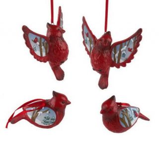 Set of 4 Winter Scene Stoneware Cardinal Ornaments —
