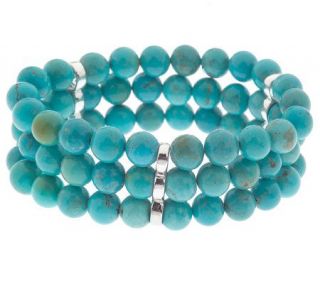 Sterling Three Row 8mm Turquoise Bead Stretch Bracelet —