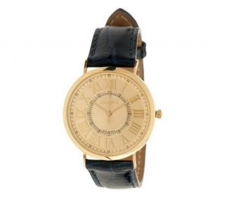 Vicence Small Round Roman Numeral Dial Leather Strap Watch, 14K