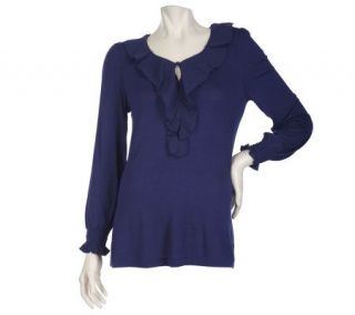Dialogue Long Sleeve V neck Knit Top with Georgette Ruffle Trim 