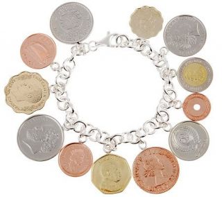 Sterling 7 1/2 or 8 Around the World Coin Charm Bracelet —