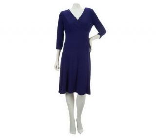 Nina Leonard Matte Jersey V neck Wrap Dress with 3/4 Sleeves   A227622