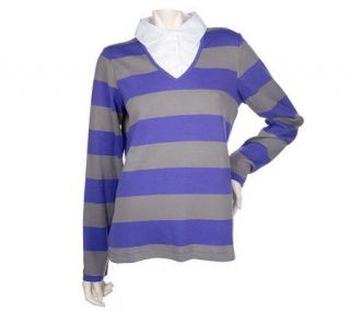 Denim & Co. Rugby Stripe Stretch V neck Duet Shirt —