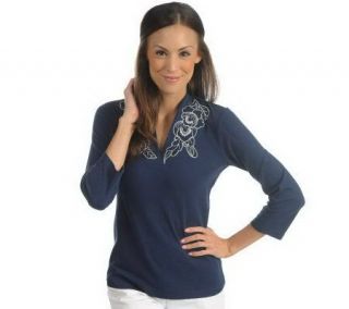 Liz Claiborne New York 3/4 Sleeve V Neck Top with Embroidery