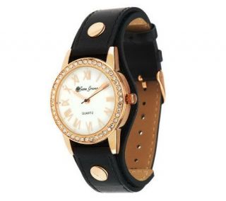 Susan Graver Leather Strap Watch with Mother of Pearl Dial —
