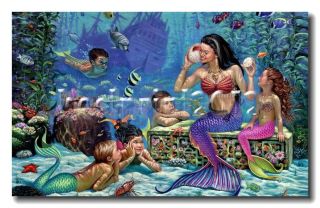 Beautiful Mermaid and Children HD Prints Oil Painting on Canvas 16X24