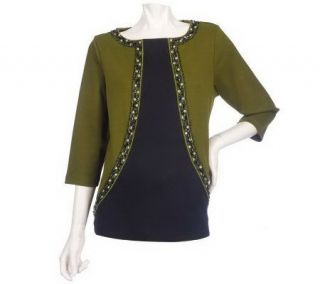Bob Mackies Embroidered and Jeweled Two Tone Knit Top —