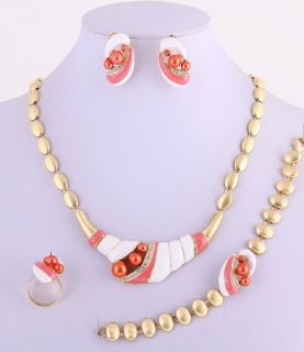 Gold Plated Necklace Bracelet Earring Ring Set Rhinestone Pearl Coral