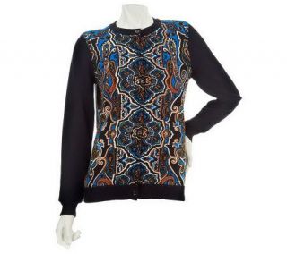 Linea by Louis DellOlio Paisley Print Cardigan with Rib Knit Trim 
