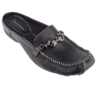 Bare Traps Pebbled Leather Slip on Mules with Ornament Detail