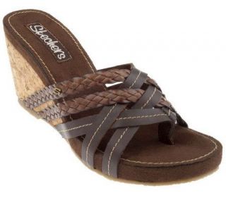 Skechers Leather and Woven Cork Wedge Thong Sandals —