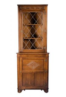 English Antique Style Oak Leaded Glass Corner Cabinet Cupboard