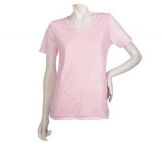 Quacker Factory Sequin Mesh Front Short Sleeve T shirt —