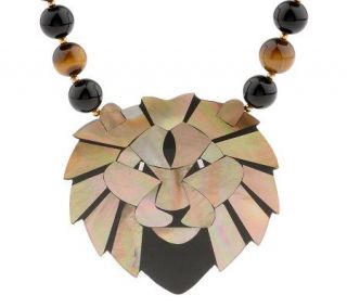 Lee Sands Lion Inlay Pendant with 19 Tigers eye Bead Necklace