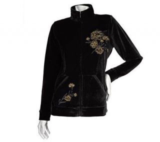 Sport Savvy Zip Front Velour Jacket with Floral Embroidery —