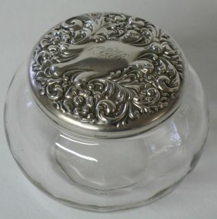 Antique Powder Jar Glass with Sterling Silver Repousse Lid