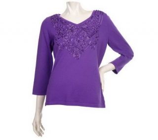 Linea by Louis DellOlio V neck Sweater with Ribbon and Stones