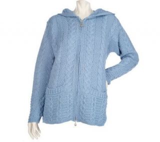 Aran Craft Merino Wool Hooded Zip Front Cardigan —
