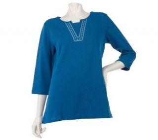 Denim & Co. 3/4 Sleeve Ribbed Duet Knit Top with Embroidery — 