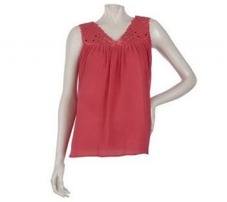 Motto Sleeveless Top with Eyelet Yoke and Pleat Detail —