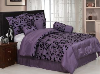 Purple Velvet Floral Comforter Bed in Bag Set Cal King
