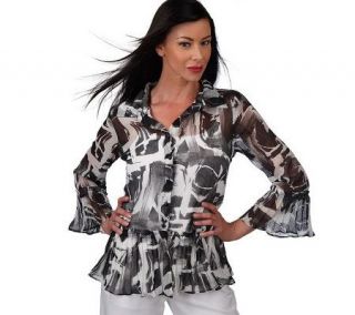 George Simonton Brushstroke Blouse with Peplum Detail & Ruffle Cuffs 