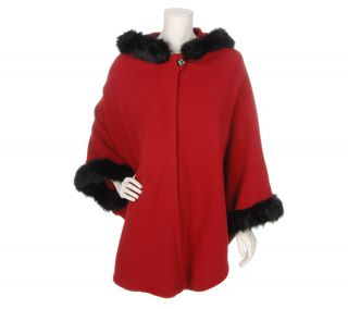 Dennis Basso Hooded Wool Cape with Faux Fox Trim —