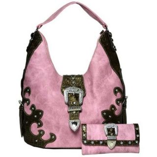 Western Cowgirl Rhinestone Buckle Front Hobo Bag with Matching Wallet