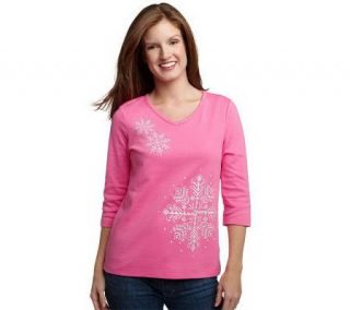 Quacker Factory 3/4 Sleeve Sparkle Snowflake T shirt —
