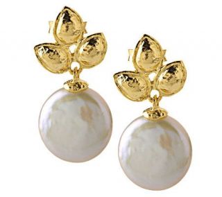 Adi Paz Leaf Design & Coin Pearl Drop Earrings 14K Gold —