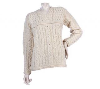 Merino Wool Aran Stitch Split Neck Sweater —