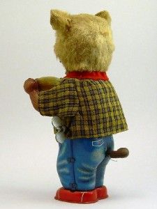 Vintage Tin Litho Wind Up Bear with Fur Eating Corn COB