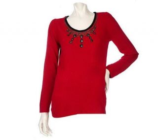 Susan Graver Plush Knit Scoop Neck Sweater with Embellishments