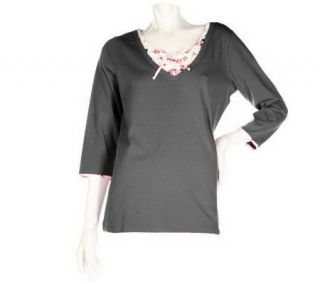 Denim & Co. 3/4 Sleeve V neck Stretch Duet Top with Woven Inset