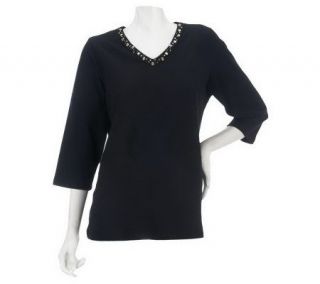 Denim & Co. 3/4 Sleeve V Neck Top with Stone Detail Trim   A226268