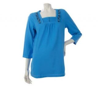 Denim & Co. Square Neck Tunic with Tucking and Embroidery —