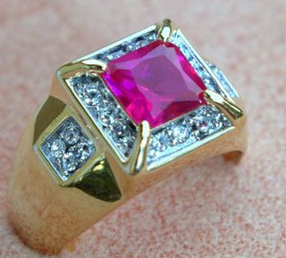 Simulated Montana RED RUBY w cz mens ring 18K yellow gold overlay size