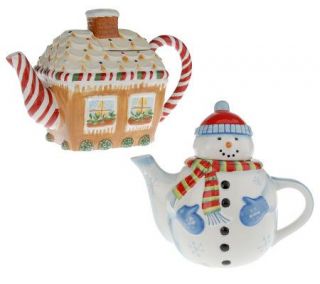 Gingerbread House & Snowman Handpainted Teapot Set by Valerie
