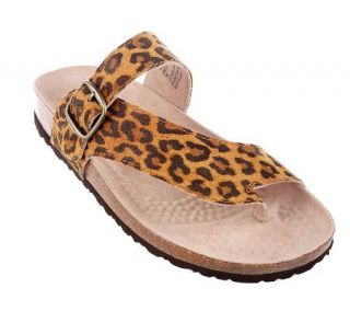 White Mountain Leather Leopard Thong Sandals w/ Ankle Strap — 