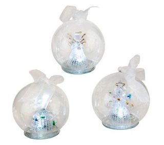 Set of 3 Illuminated Holiday Glass Ornaments w/ Timer&GiftBoxes