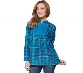 Denim & Co. Stretch Plaid Tunic with Embroidered Border —